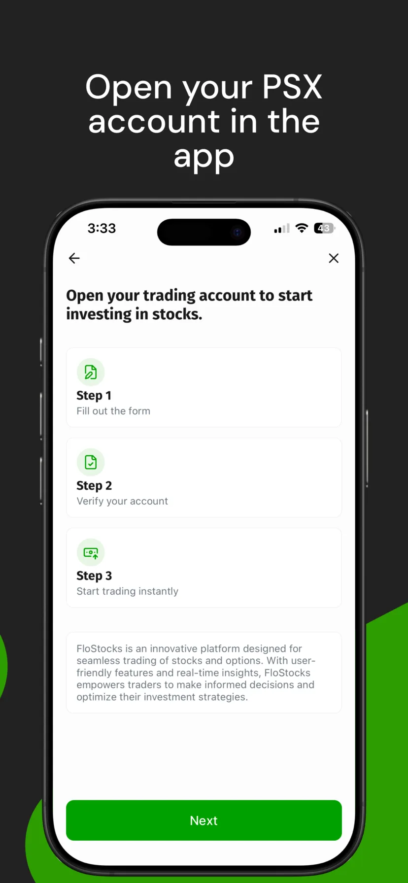 FloStocks account opening screen