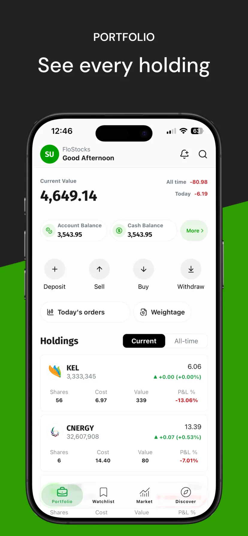 FloStocks portfolio screen