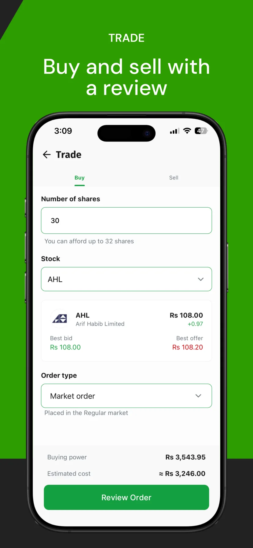 FloStocks buy order screen