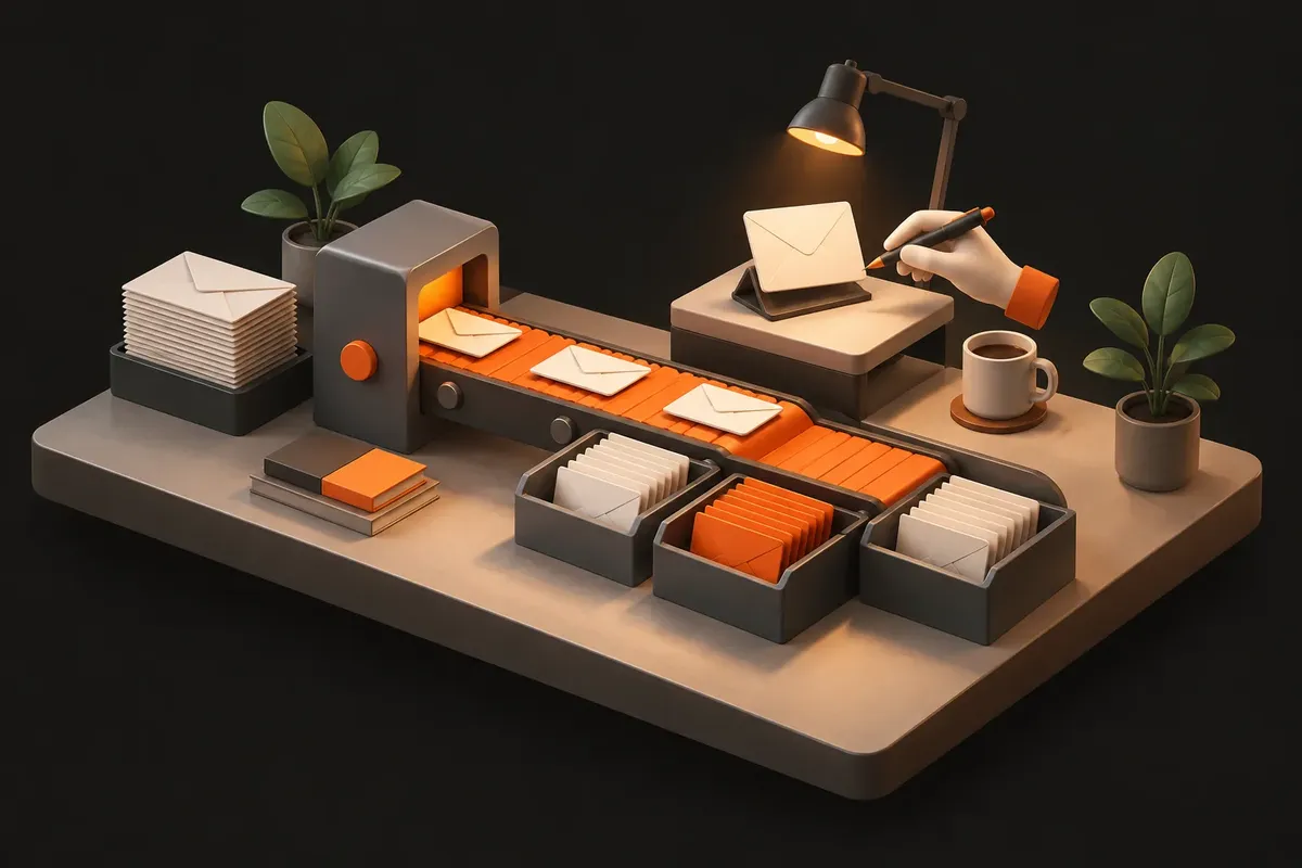 Illustration of the same desk made orderly, with envelopes moving along one conveyor into sorted trays and a hand reviewing a card on a raised stand