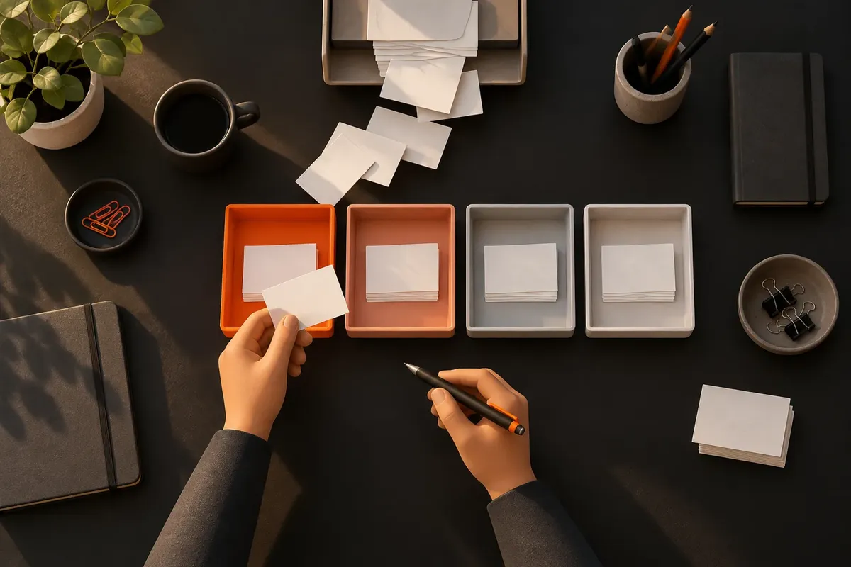 Illustration of job cards from an email tray sorted into four trays from orange to grey, with a hand picking one card and holding a pen