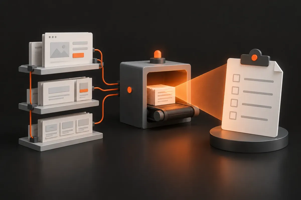 Illustration of a website's pages being scanned by a light beam that produces an outline checklist on a clipboard